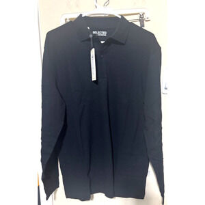 New Selected Homme Polo Shirt Mens S long sleeve Black classic minimalist